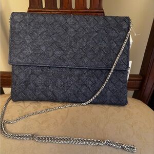 Woven Denim Crossbody Bag w/Silver Chain